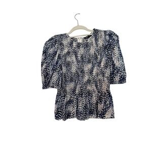 Express Womens Blue White Animal Print Smocked Puff Sleeve Peplum Top Blouse M